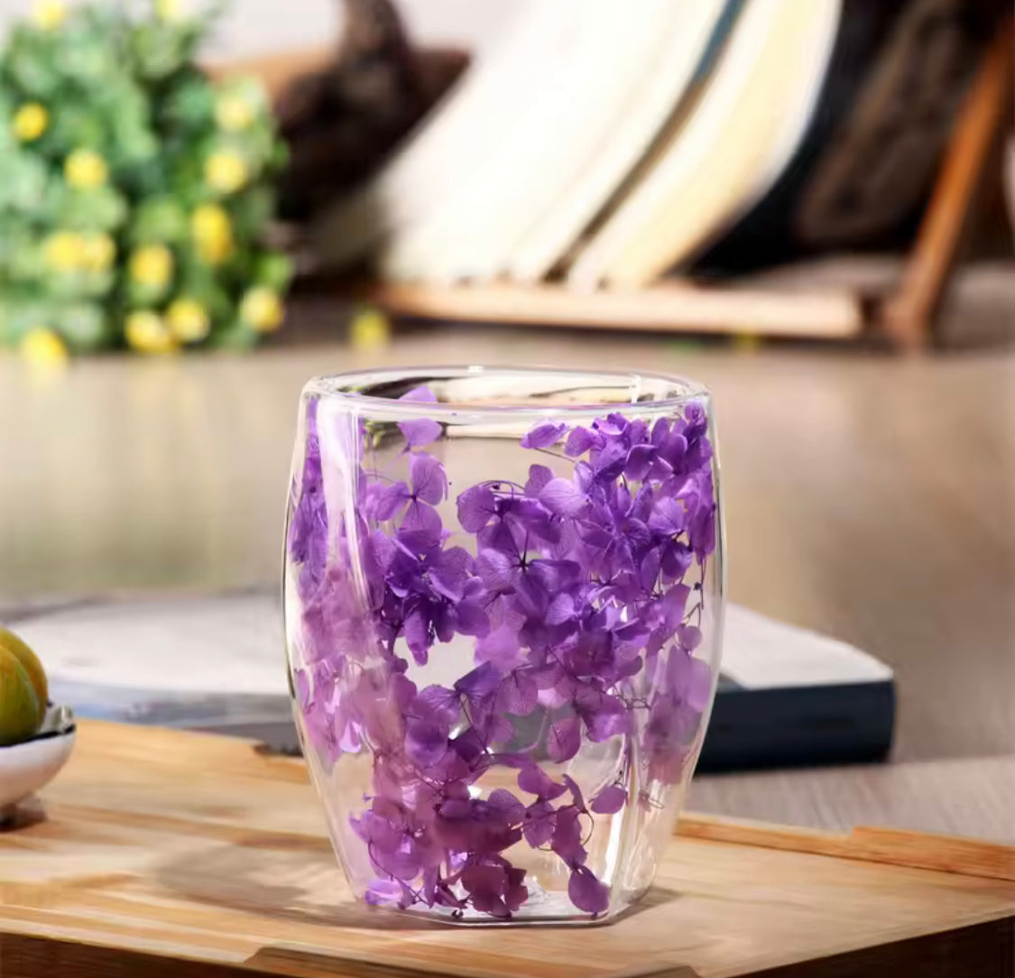Dry Flowers Double Wall Glass Cup, Transparent Espresso Glass Cup, Double Wall Glass Cup With Handle Dry Flowers Double Wall Glass Cup, Transparent Espresso Glass Cup, Double Wall Glass Cup With Handle